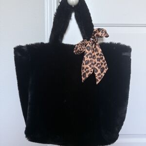 Black Faux Fur Shoulder Tote with Leopard Scarf Accent